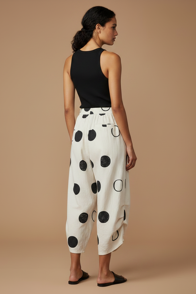 Pantalon Chino Écru Imprimé Cercles Ample Décontracté Coton - Beige - vue 2