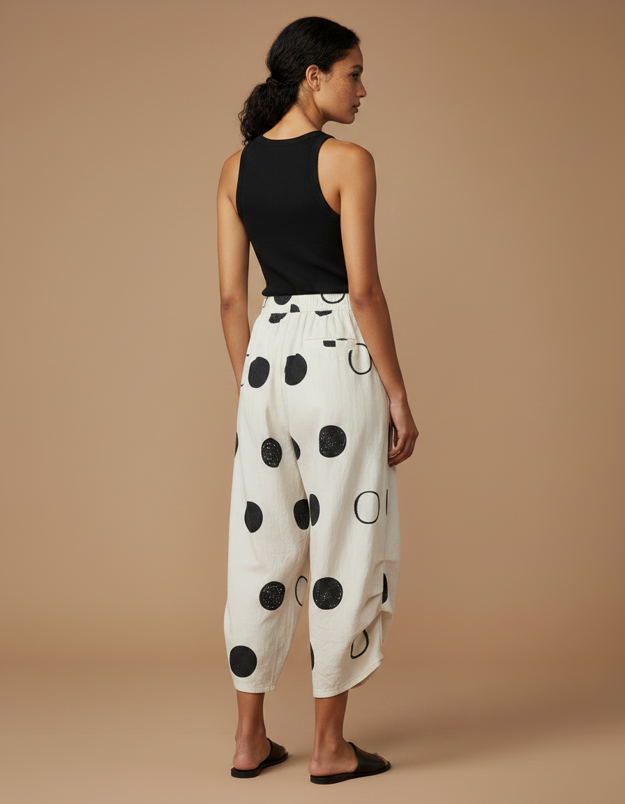 Pantalon Chino Écru Imprimé Cercles Ample Décontracté Coton - Beige - vue 2