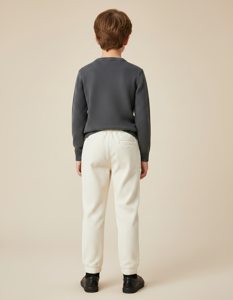 Pantalon Chino Crème Côtelé Ample Élastique Enfant - Beige Cordé - vue 2