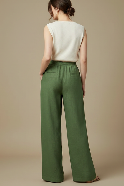 Pantalon Chino Vert Ample Cordon Lin Femme - vue 2