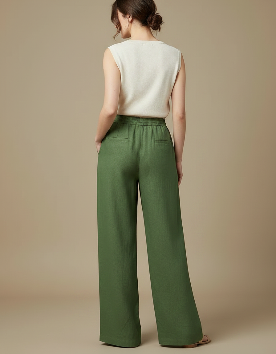 Pantalon Chino Vert Ample Cordon Lin Femme - vue 2