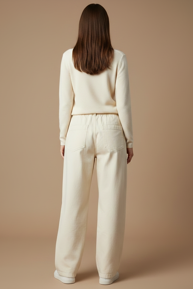 Pantalon Chino Crème Ample Cordon Décontracté Femme - Beige Coton - vue 2