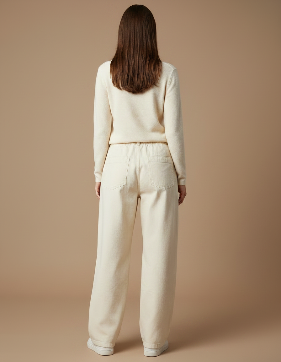 Pantalon Chino Crème Ample Cordon Décontracté Femme - Beige Coton - vue 2