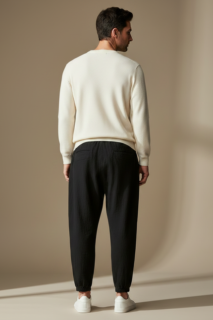 Pantalon Chino Noir Ample Lin Coton Décontracté - vue 2
