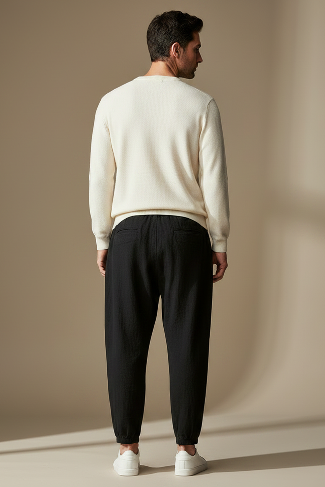 Pantalon Chino Noir Ample Lin Coton Décontracté - vue 2