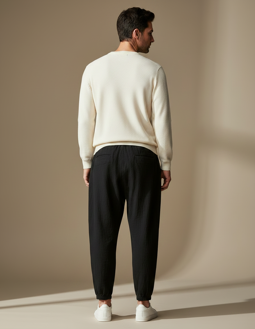Pantalon Chino Noir Ample Lin Coton Décontracté - vue 2