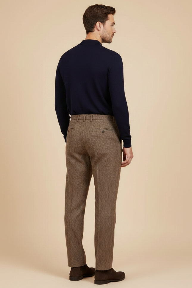 Pantalon Chino Marron Plissé Tweed Droit Élégant - vue 2