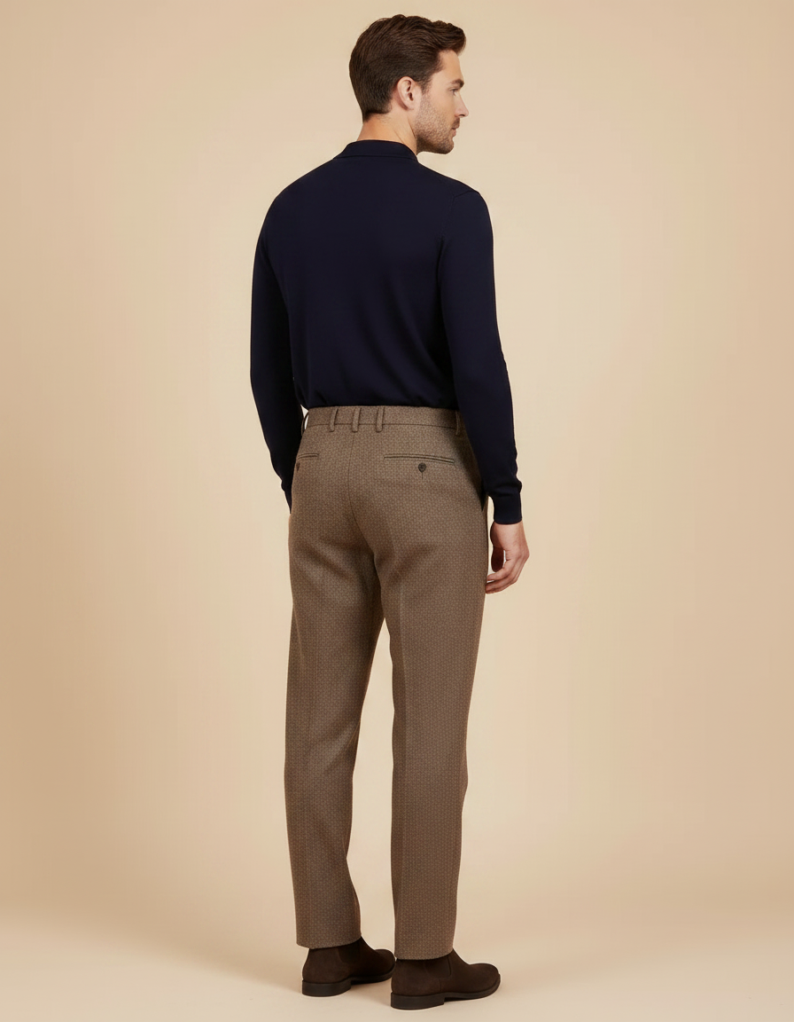 Pantalon Chino Marron Plissé Tweed Droit Élégant - vue 2