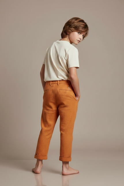 Pantalon Chino Orange Lin Plissé Enfant Décontracté - vue 2