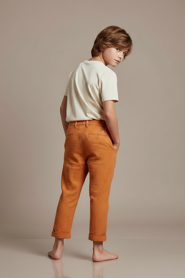 Pantalon Chino Orange Lin Plissé Enfant Décontracté - vue 2