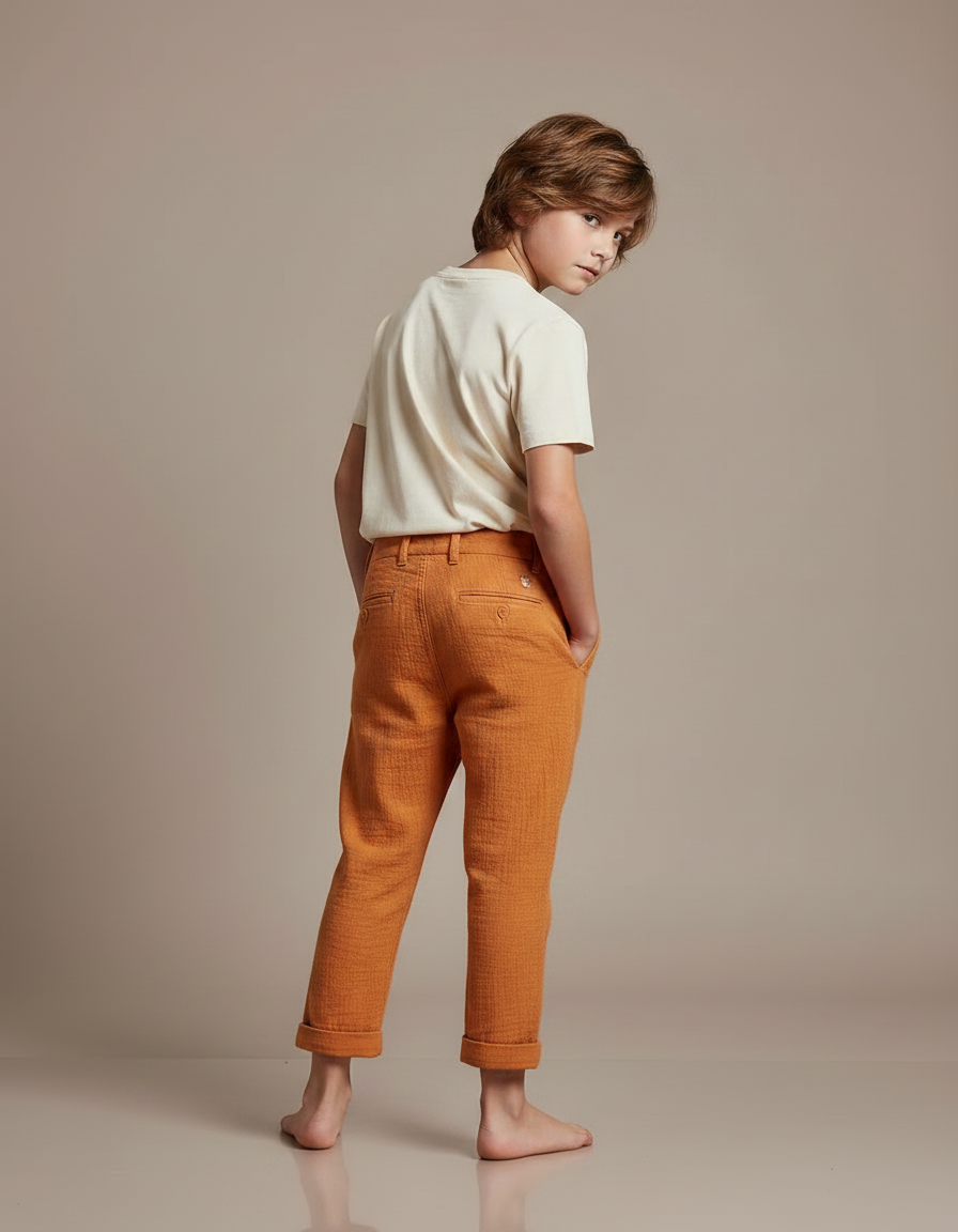 Pantalon Chino Orange Lin Plissé Enfant Décontracté - vue 2
