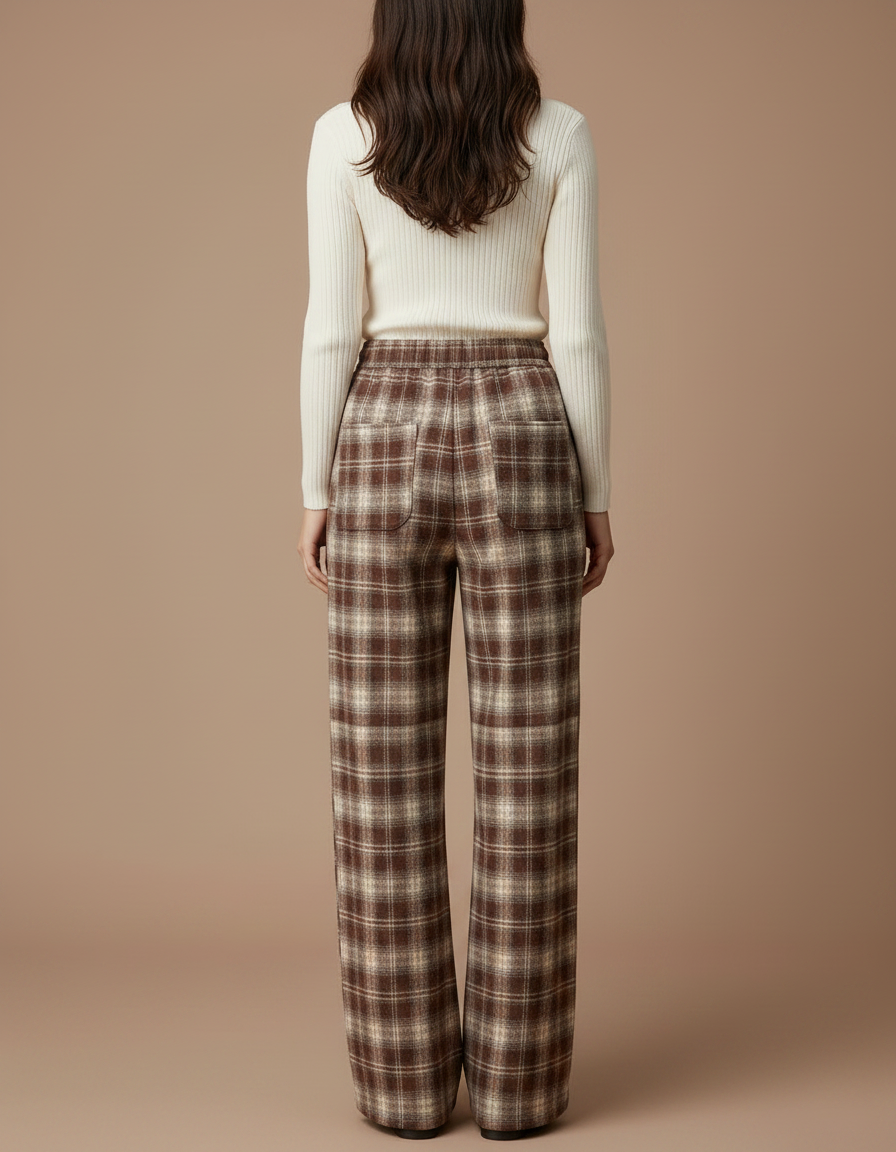 Pantalon Chino Carreaux Marron Ample Cordon Décontracté - Tweed - vue 2