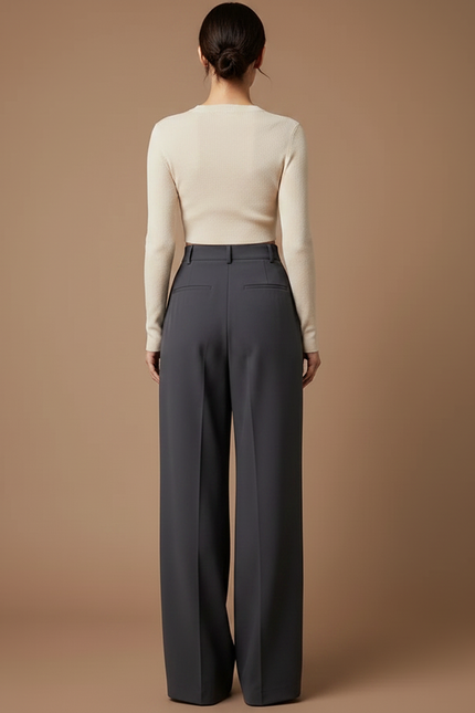 Pantalon Chino Gris Ample Plissé Taille Haute Femme - Polyester - vue 2