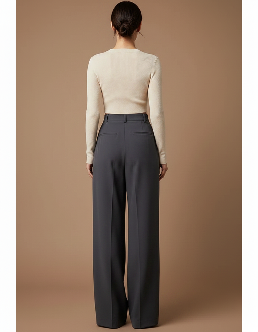 Pantalon Chino Gris Ample Plissé Taille Haute Femme - Polyester - vue 2