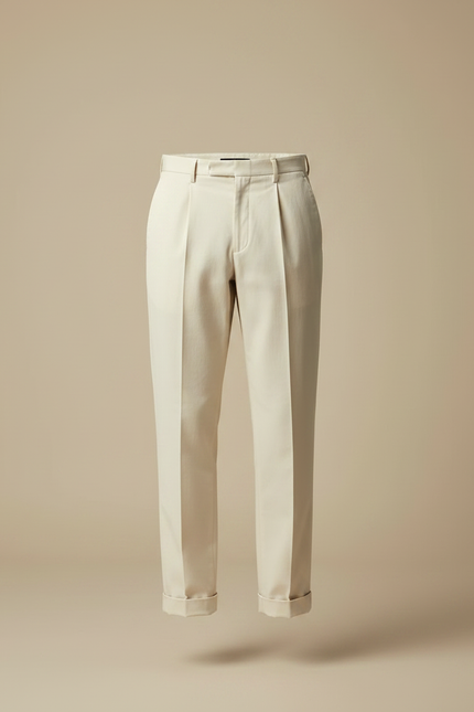 Pantalon Chino Crème Plissé Droit Élégant Homme - Beige Gabardine - vue 3