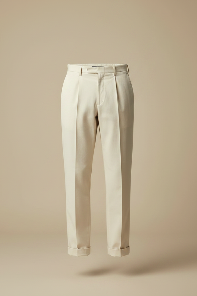 Pantalon Chino Crème Plissé Droit Élégant Homme - Beige Gabardine - vue 3