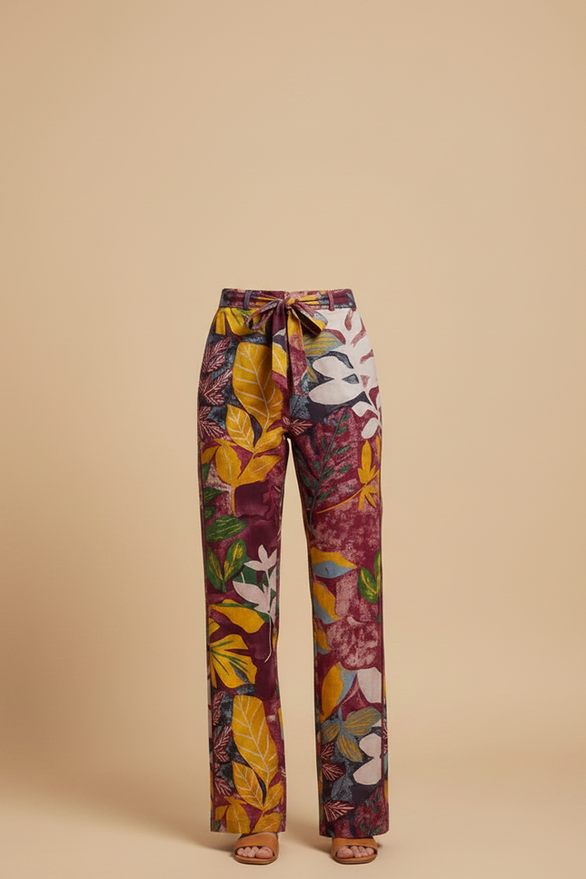 Pantalon Chino Imprimé Feuilles Colorées Taille Haute Fluide - Multicolore Viscose - vue 3