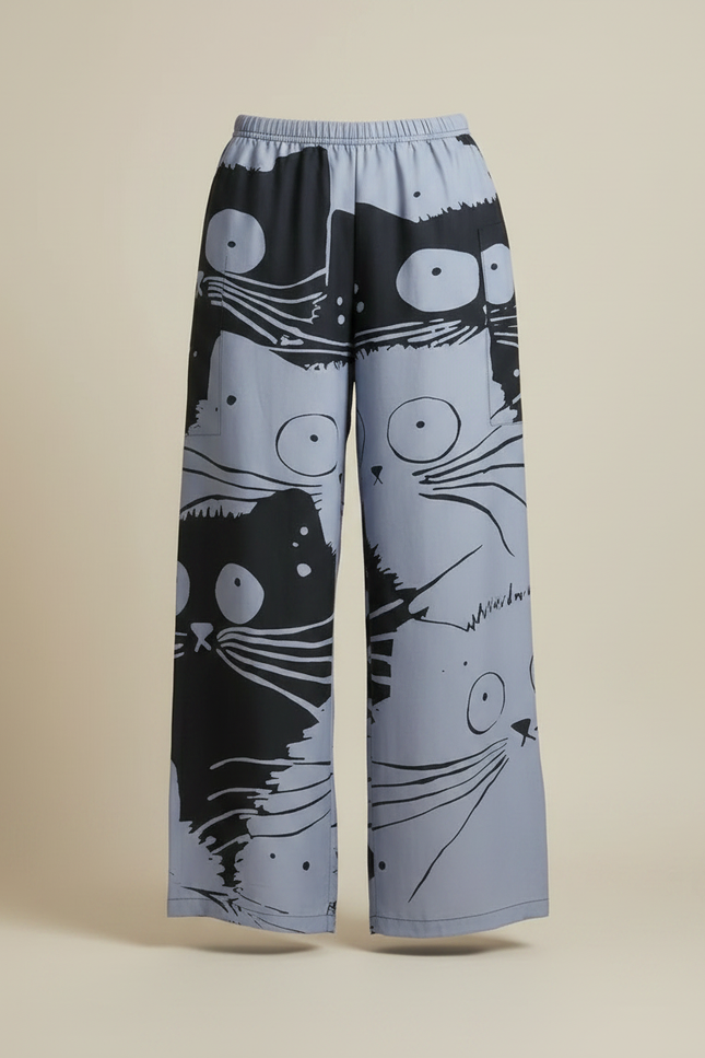 Pantalon Chino Large Fluide Imprimé Chats Bicolore Décontracté - Multicolore Viscose - vue 3