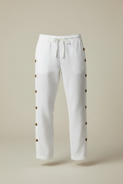 Pantalon Chino Blanc Lin Ample Boutons Décontracté Homme - vue 3