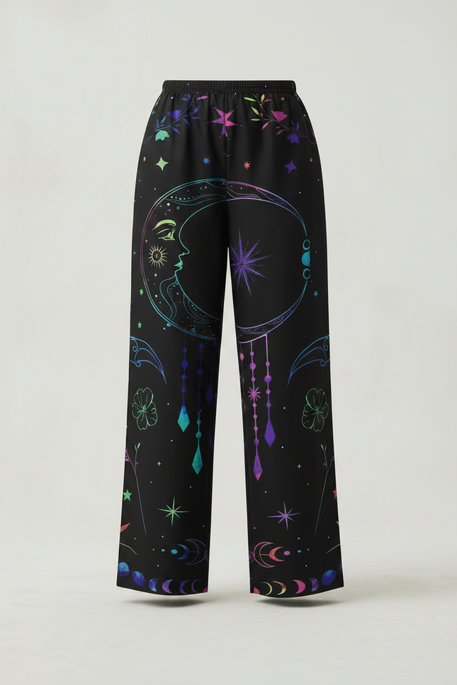 Pantalon Chino Noir Imprimé Lune Étoiles Ample Fluide - Polyester - vue 3