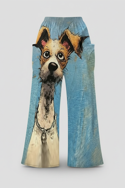 Pantalon Chino Ample Imprimé Chien Décontracté Bleu - Viscose - vue 3