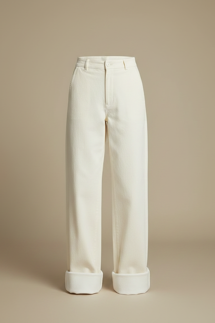 Pantalon Chino Écru Ample Droit Doublé Polaire Femme - Beige Gabardine - vue 3