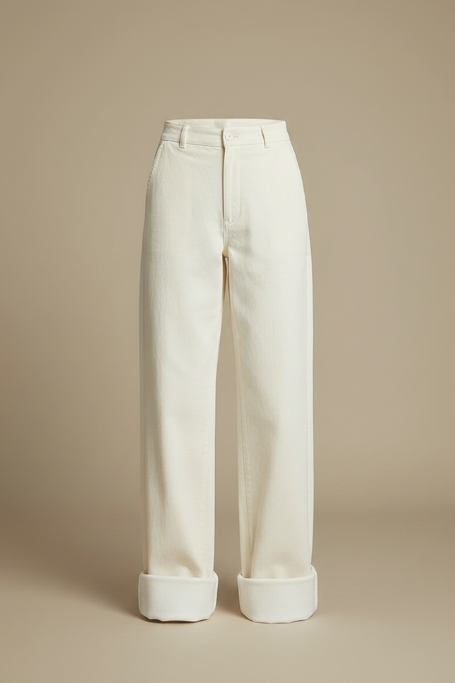 Pantalon Chino Écru Ample Droit Doublé Polaire Femme - Beige Gabardine - vue 3