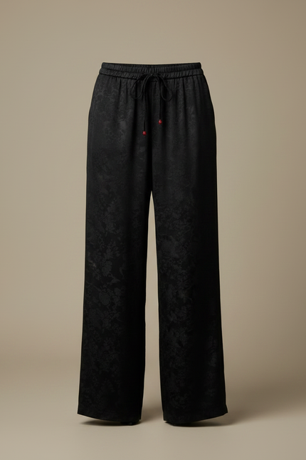 Pantalon Chino Large Noir Jacquard Satin Élégant Fluide - vue 3