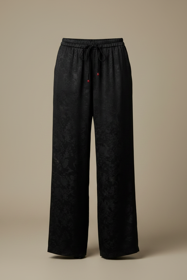 Pantalon Chino Large Noir Jacquard Satin Élégant Fluide - vue 3