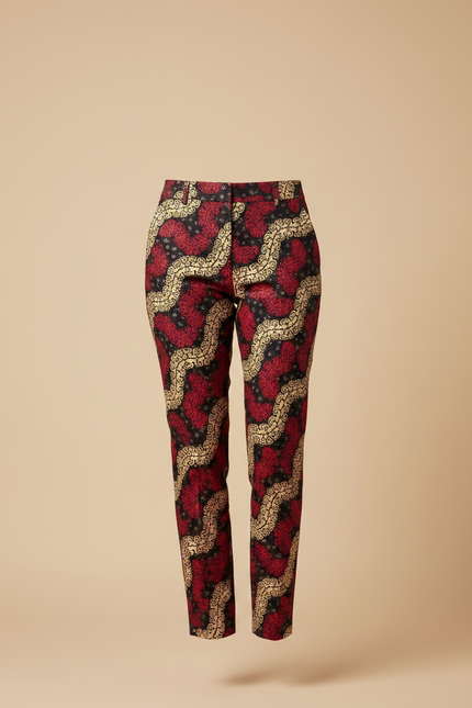 Pantalon Chino Motif Ethnique Rouge Noir Doré Slim - Imprimé Coton - vue 3