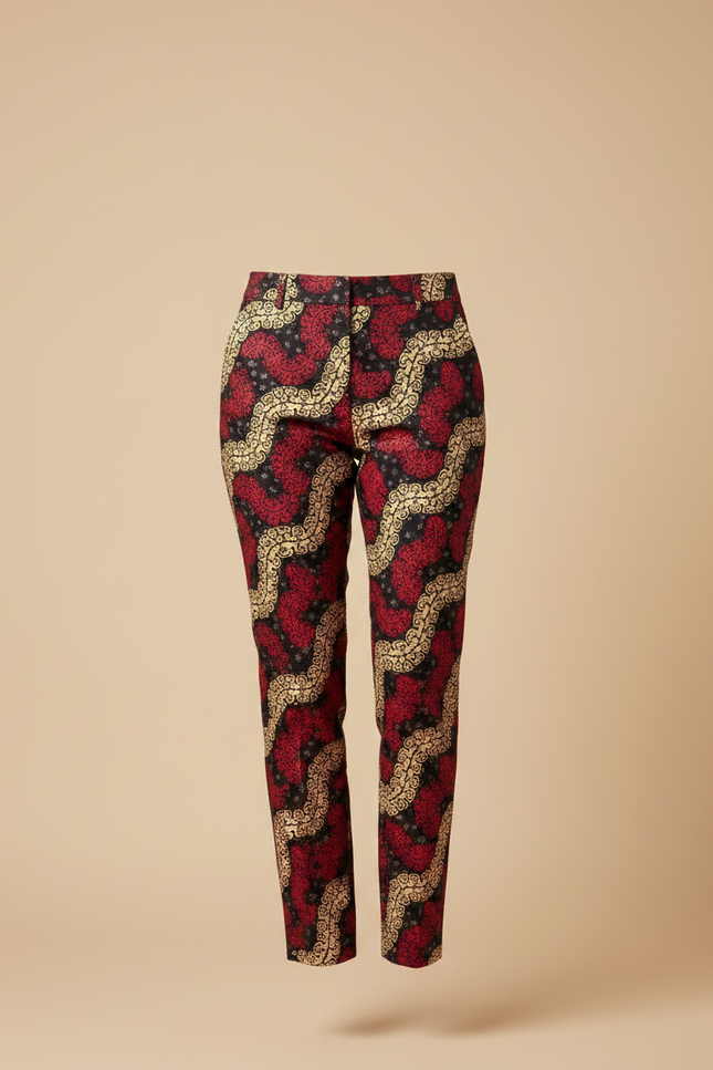 Pantalon Chino Motif Ethnique Rouge Noir Doré Slim - Imprimé Coton - vue 3