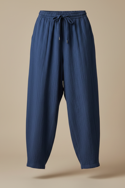 Pantalon Chino Bleu Marine Ample Cordon Décontracté - Lin - vue 3
