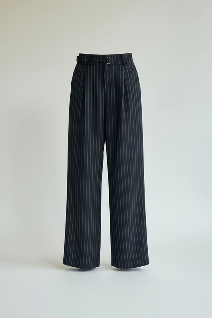 Pantalon Chino Noir Rayé Ample Fluide Élégant - Polyester - vue 3