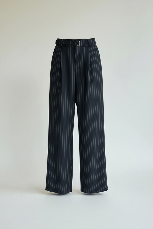 Pantalon Chino Noir Rayé Ample Fluide Élégant - Polyester - vue 3