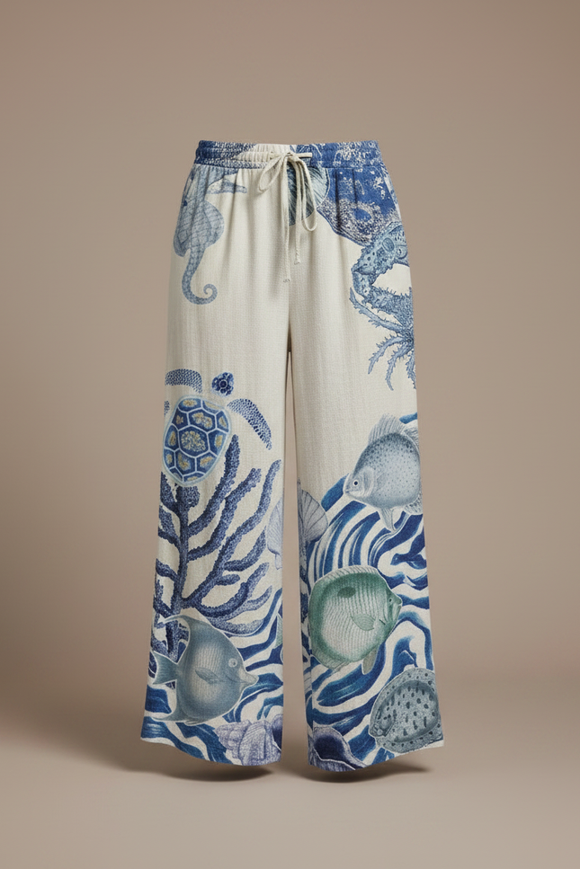 Pantalon Chino Large Imprimé Marin Fluide Femme - Lin - vue 3