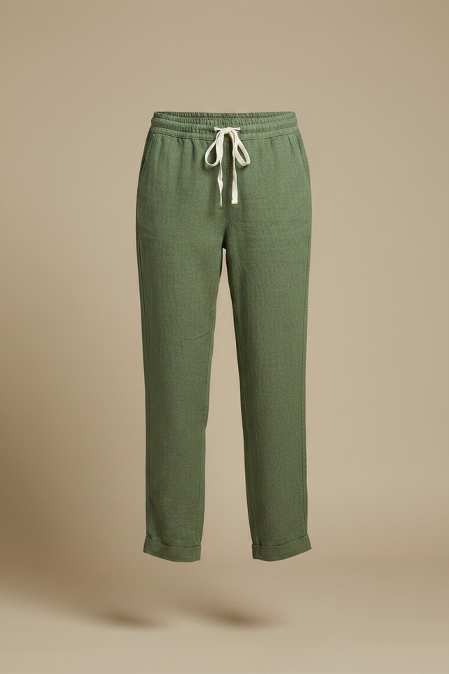 Pantalon Chino Vert Olive Coton Lin Décontracté Femme - Kaki - vue 3