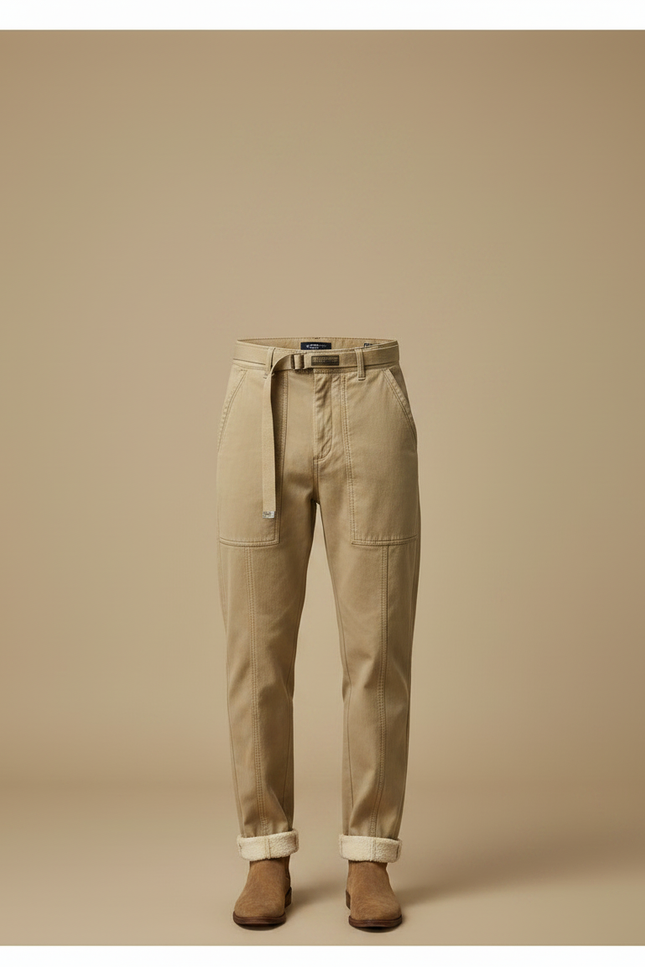 Pantalon Chino Beige Coton Décontracté Ceinturé Homme - vue 3