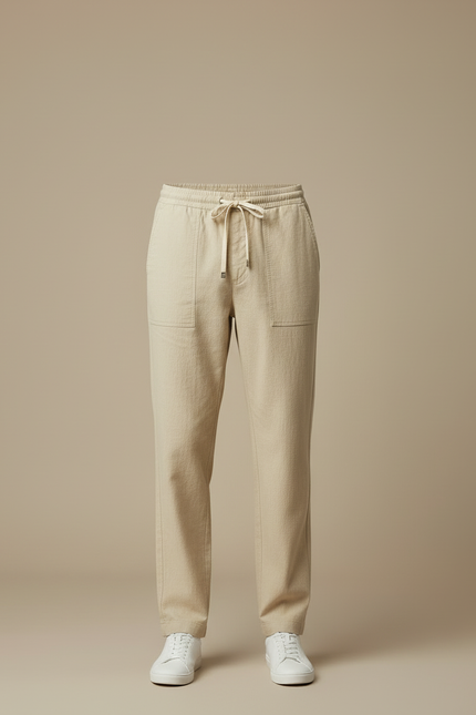 Pantalon Chino Beige Lin Cordon Ample Décontracté - vue 3