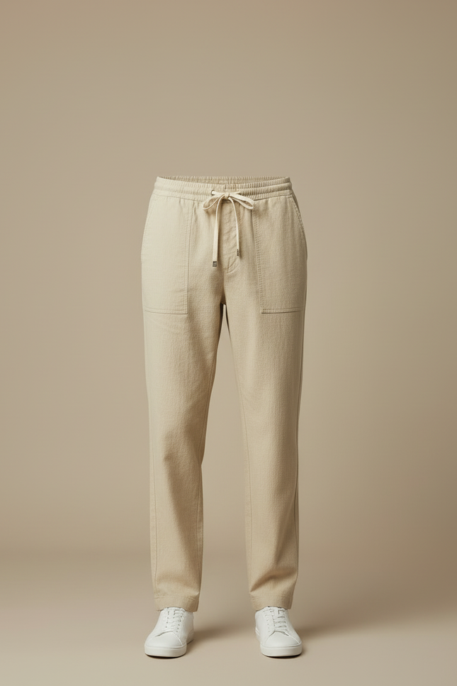 Pantalon Chino Beige Lin Cordon Ample Décontracté - vue 3