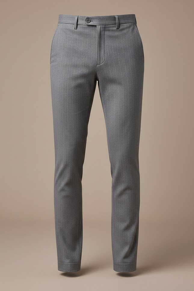 Pantalon Chino Gris Slim Rayé Élégant Décontracté - Laine - vue 3