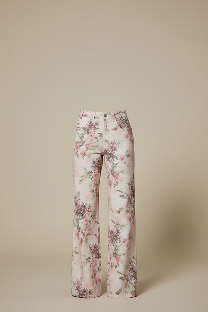 Pantalon Chino Fleuri Rose Taille Haute Ample - Coton - vue 3