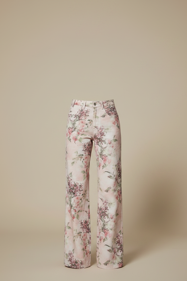 Pantalon Chino Fleuri Rose Taille Haute Ample - Coton - vue 3