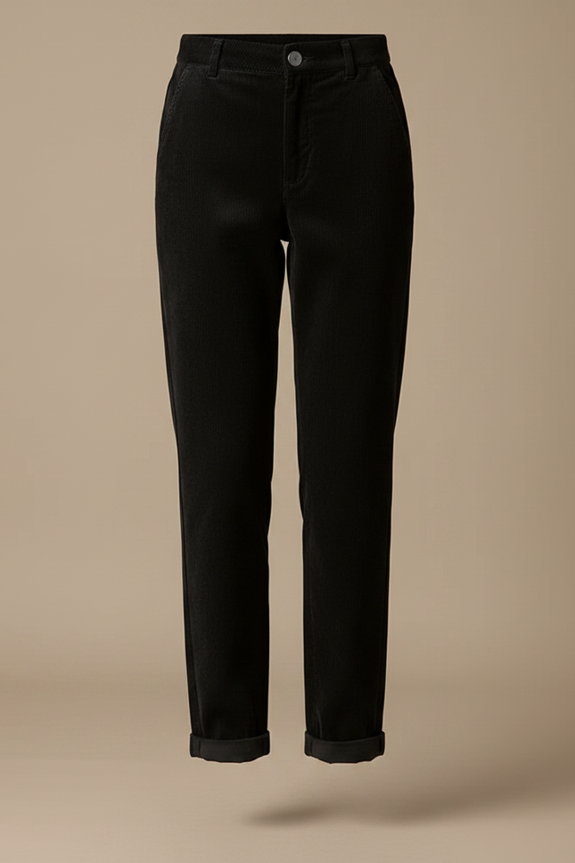 Pantalon Chino Noir Côtelé Ample Taille Haute Femme - Cordé - vue 3