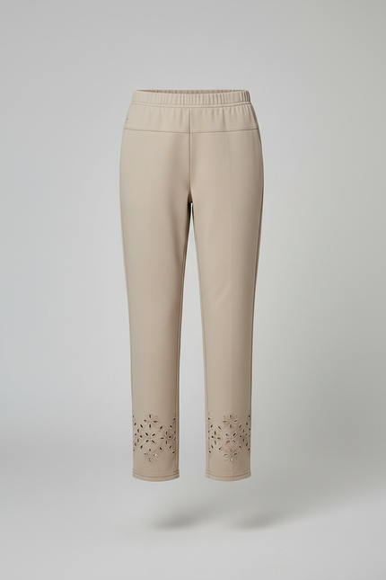 Pantalon Chino Beige Taille Haute Brodé Cheville Femme - Gabardine - vue 3