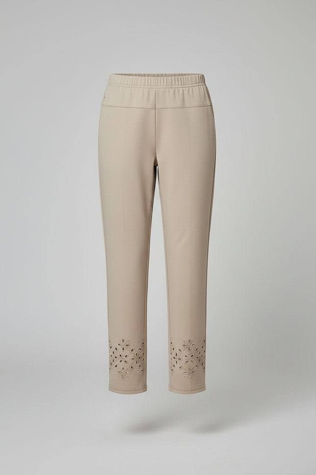 Pantalon Chino Beige Taille Haute Brodé Cheville Femme - Gabardine - vue 3