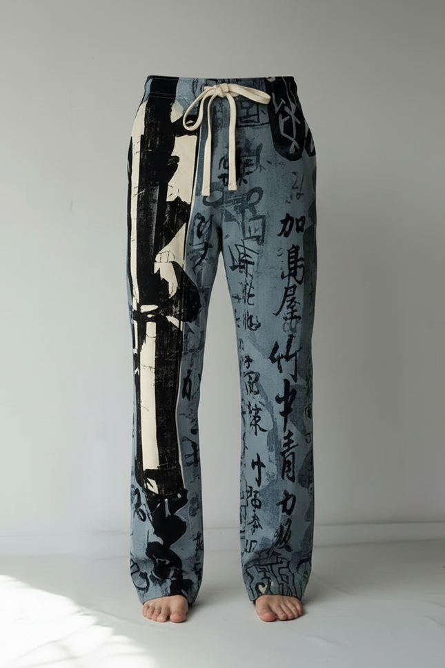 Pantalon Chino Bleu Imprimé Calligraphie Ample Décontracté Homme - Jean - vue 3