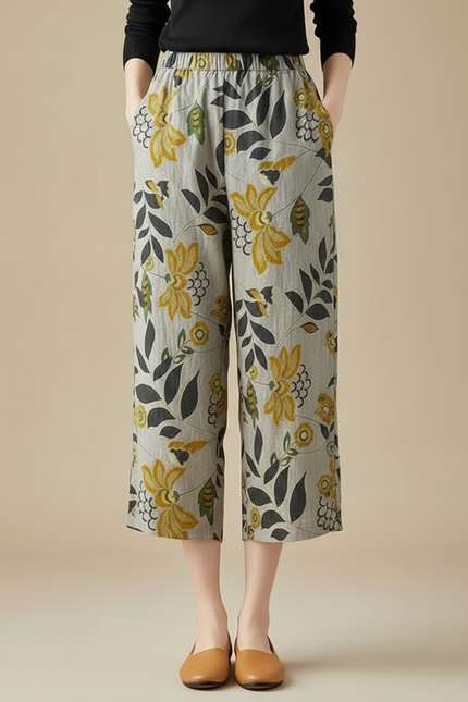 Pantalon Chino Gris Fleuri Ample Fluide Estival - Lin - vue 3
