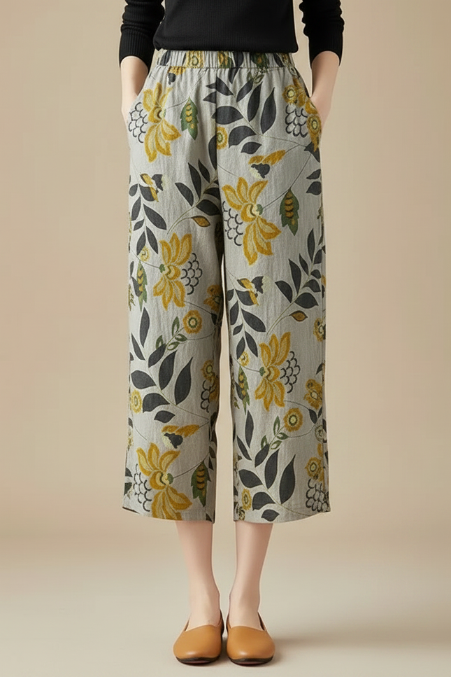Pantalon Chino Gris Fleuri Ample Fluide Estival - Lin - vue 3
