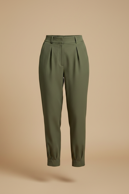 Pantalon Chino Vert Olive Plissé Tapered Décontracté Femme - Kaki Polyester - vue 3