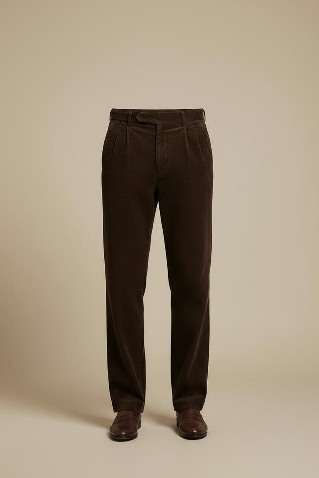 Pantalon Chino Velours Côtelé Marron Ample Plissé Homme - Cordé - vue 3